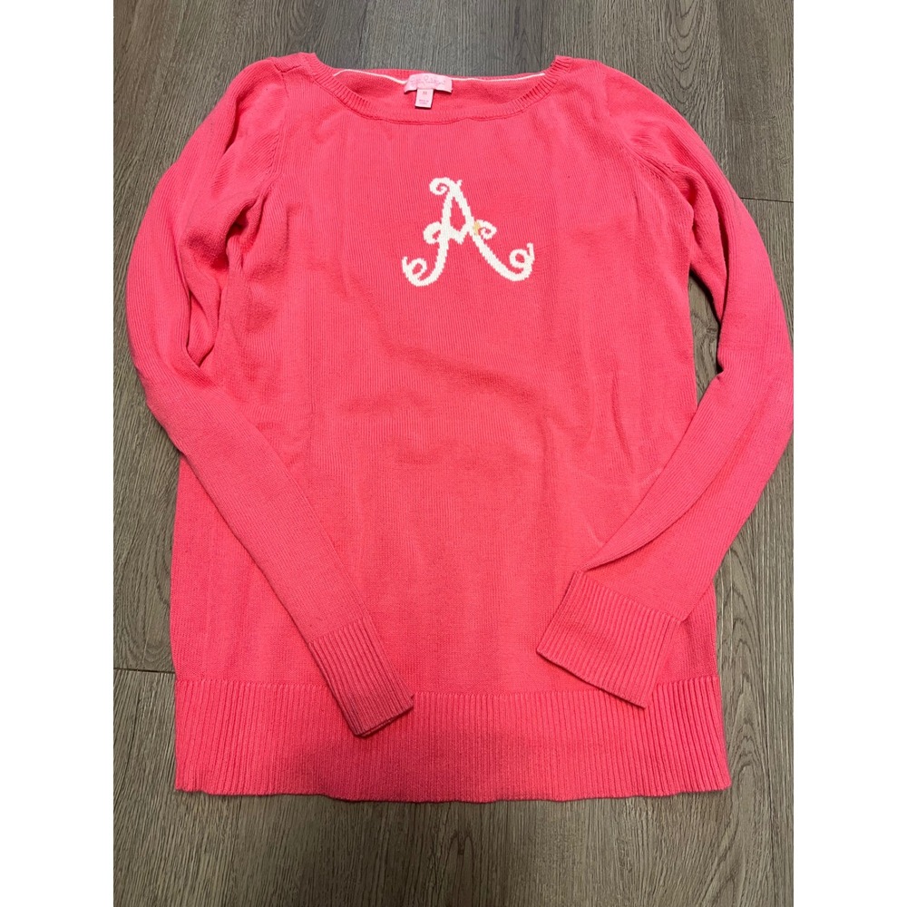 Lilly Pulitzer Pink Monogram A Knit Sweater Boat Neck Long Sleeve Size M